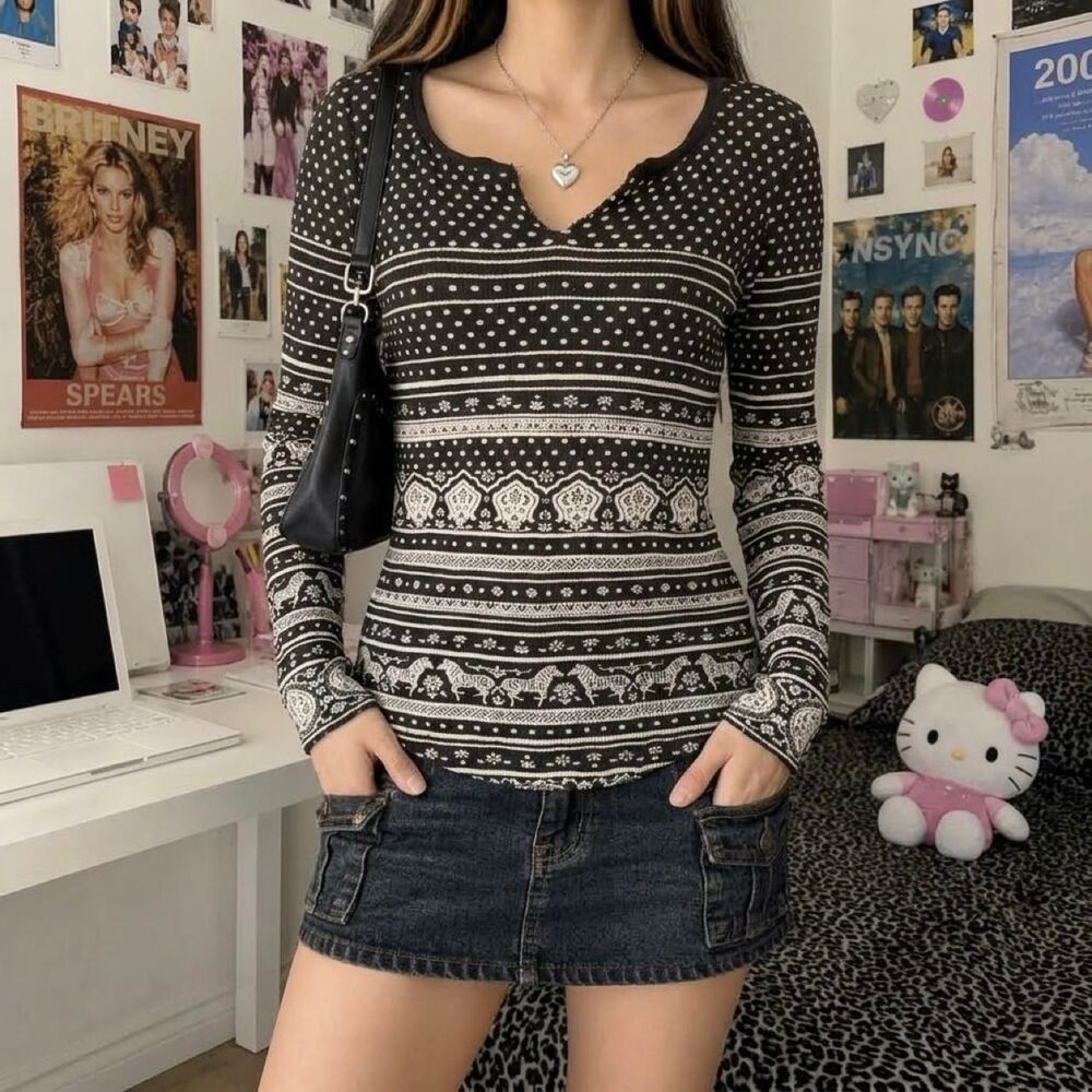 Y2K Black Cream Lucky Brand Waffle Knit Thermal Size M Boho Polka Dot Floral